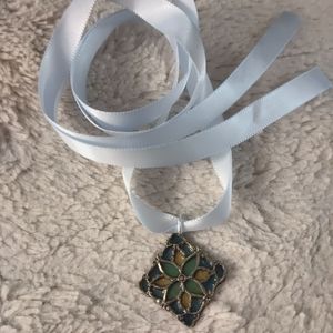 Handmade Ribbon Necklace with Vintage Stained Glass Style Pendant